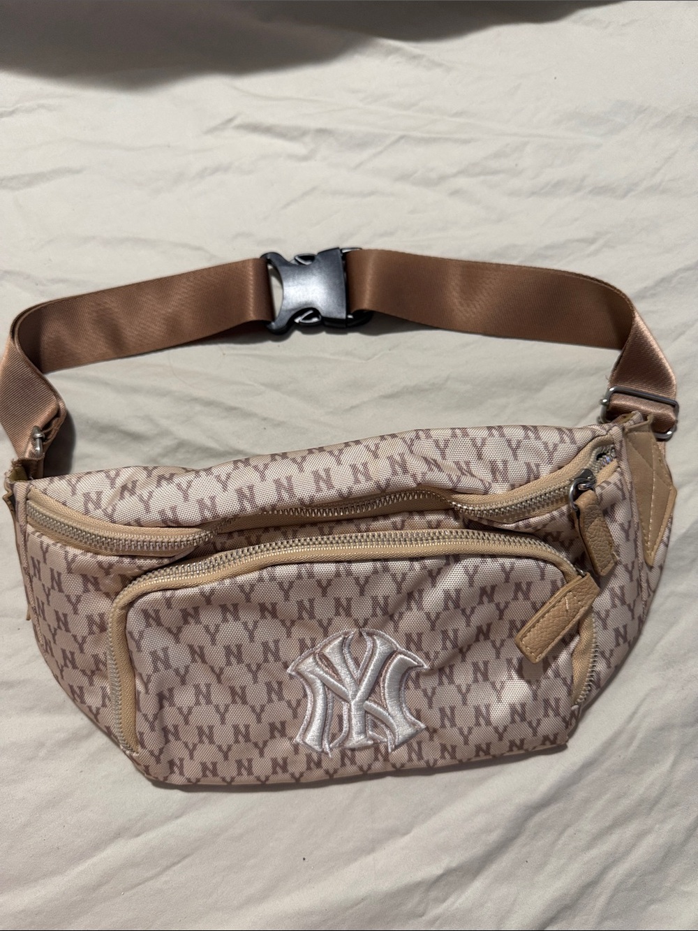 Unisex Yankee Beige Monogram Waist Bag with Embroidered Logo